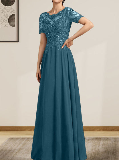 A-Linie U-Ausschnitt Illusion Bodenlang Chiffon Spitze Mutter der Braut Kleid mit Pailletten Perlen