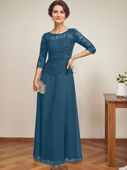 A-Linie, U-Ausschnitt, Illusion, knöchellang, Chiffon, Spitze, Kleid für die Brautmutter mit Strass-Perlen 