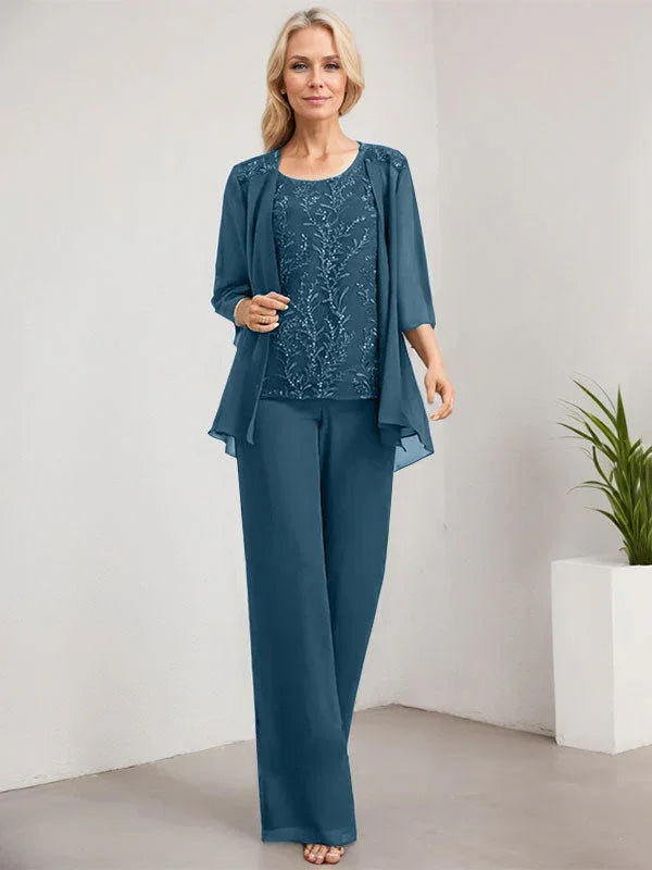 Mono/Pantalón Separado con Escote Redondo, Largo hasta el Suelo, de Encaje y Gasa, Vestido de Madre de la Novia con Lentejuelas