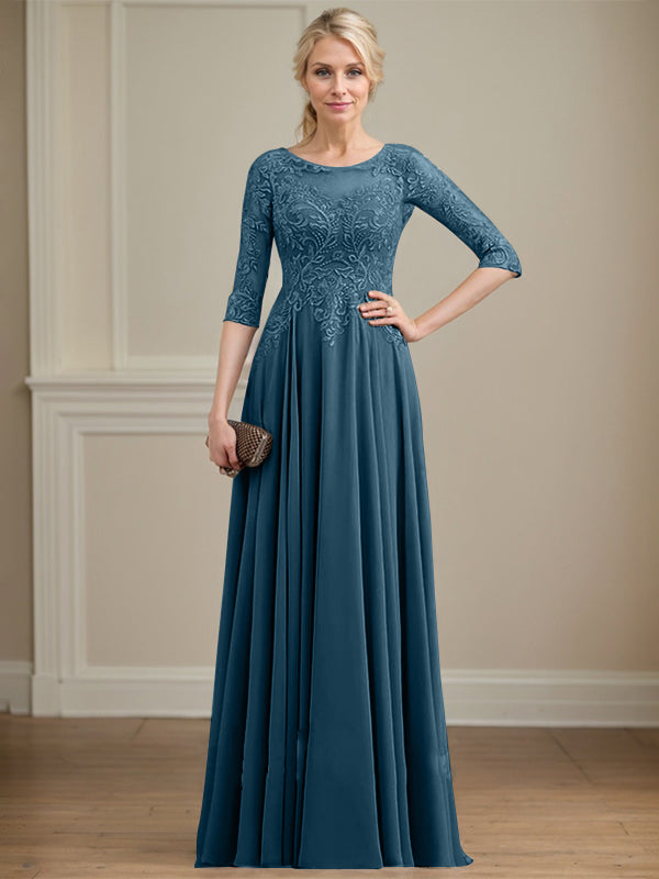A-Linie, U-Ausschnitt, Illusion, bodenlanges Spitzen-Chiffon-Kleid für die Brautmutter mit Pailletten 
