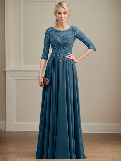 A-Linie, U-Ausschnitt, Illusion, bodenlanges Spitzen-Chiffon-Kleid für die Brautmutter mit Pailletten 