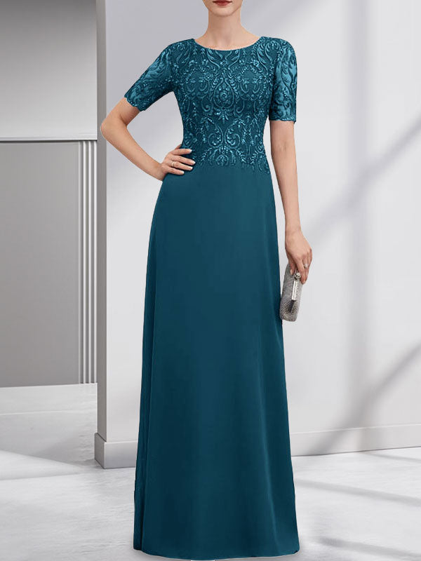 Robe de mère de la mariée en dentelle et mousseline, longueur au sol, en ligne A, décolleté en U, ornée de paillettes