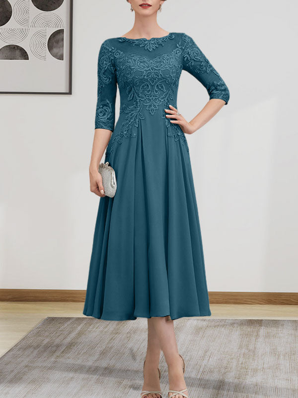 A-Linie, U-Ausschnitt, Illusion, knielang, Chiffon, Spitze, Kleid für die Brautmutter mit Perlen und Pailletten