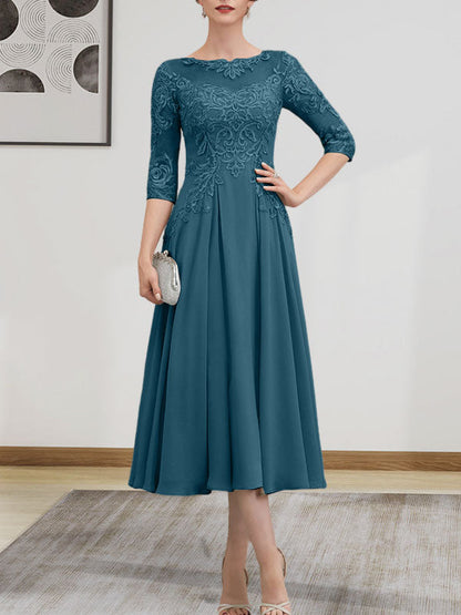 A-Linie, U-Ausschnitt, Illusion, knielang, Chiffon, Spitze, Kleid für die Brautmutter mit Perlen und Pailletten