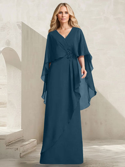 A-line V-Neck Floor-Length Chiffon Mother of the Bride Dress With Cascading Ruffles Beading