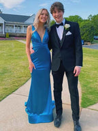 Teal Satin Mermaid Prom Dress With Plunge Neckline Ruched Bodice