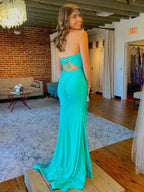 Teal Mermaid Strapless Fitted Long Prom Dress With Slit