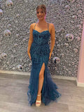 Teal Beaded Spaghetti Straps Corset Long Prom Dress With Slit