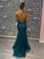 Teal Beaded Spaghetti Straps Corset Long Prom Dress With Slit