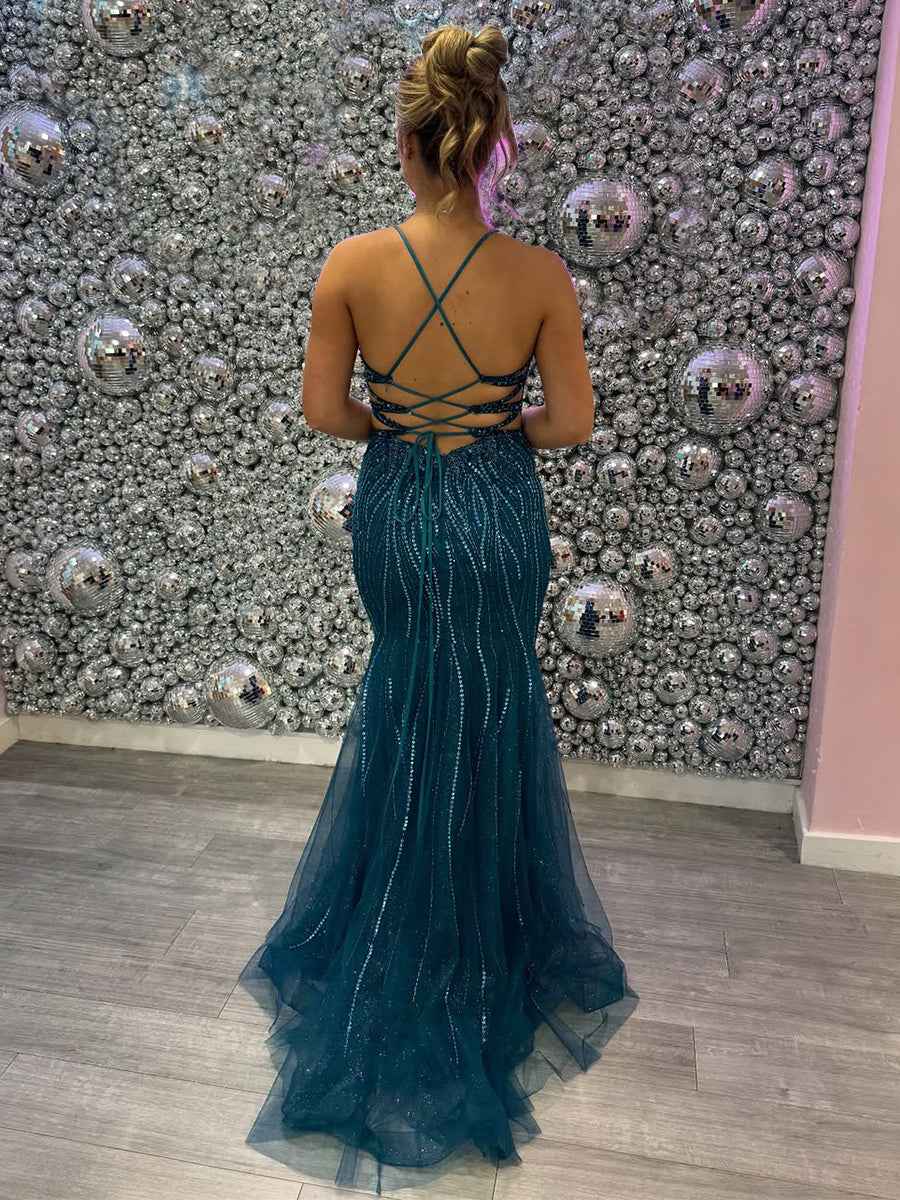 Teal Beaded Spaghetti Straps Corset Long Prom Dress With Slit