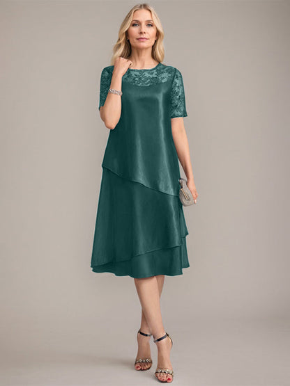A-Linie, U-Ausschnitt, knielanges Kleid für die Brautmutter mit Applikationen und Pailletten 