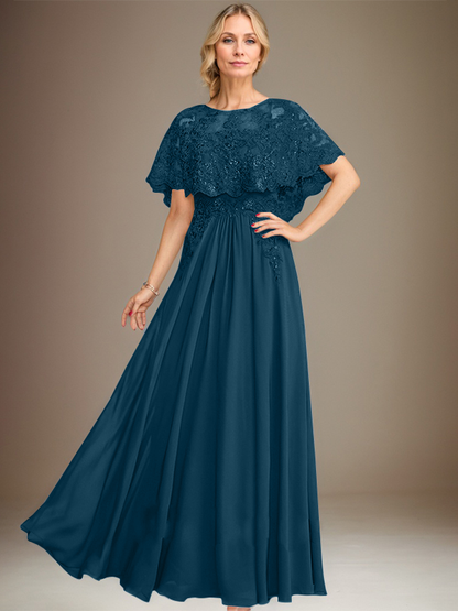 Vestido de madre de la novia de gasa con encaje, escote barco, largo hasta el suelo, con apliques de lentejuelas 