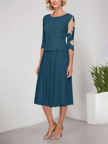 A-Linie U-Ausschnitt Wadenlang Spitzen Chiffon Mutter der Braut Kleid mit Stickerei 