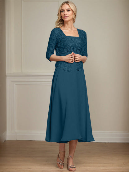 A-Linie Quadratisches Wadenlanges Chiffon-Spitzenkleid für die Brautmutter mit Pailletten und Perlen 
