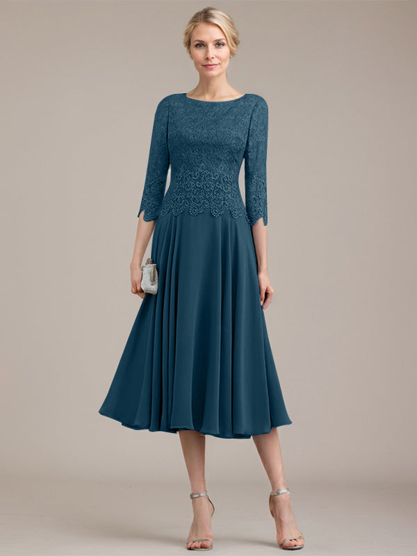A-Linie U-Ausschnitt Wadenlang Chiffon-Kleid für die Brautmutter 