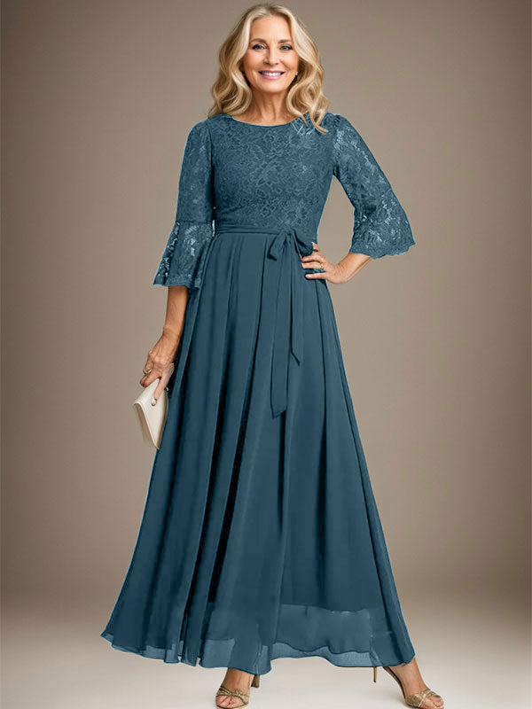 Robe de mère de la mariée en mousseline de soie à dentelle, longueur cheville, en forme trapèze avec encolure dégagée et nœud