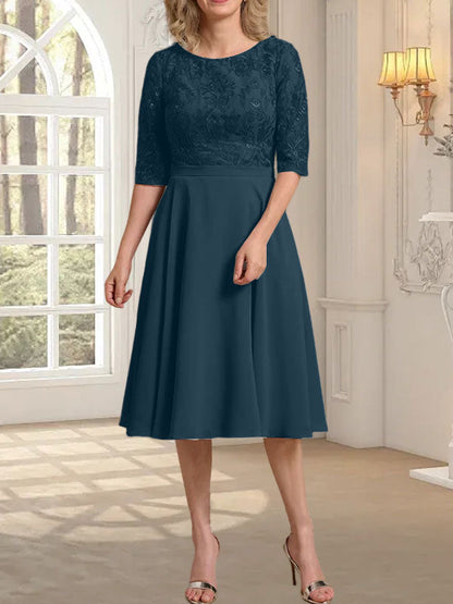 A-Linie U-Ausschnitt Knielang Chiffon Spitzenkleid für die Brautmutter