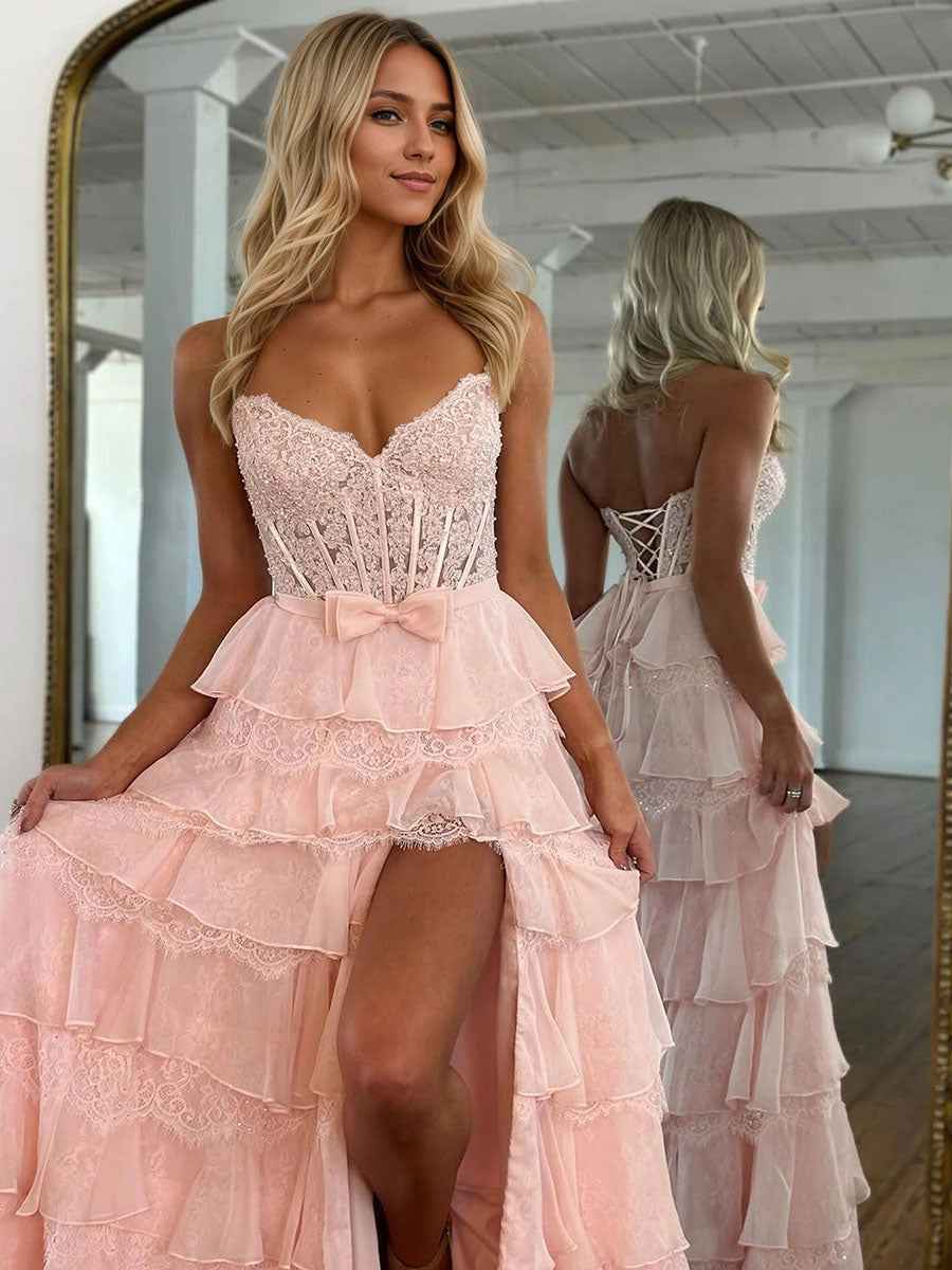 Sunshine Yellow Tiered Lace Corset Bodice Prom Dress With High Slit