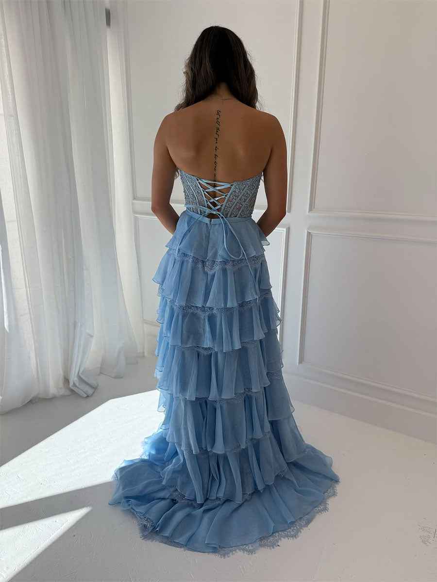 Sunshine Yellow Tiered Lace Corset Bodice Prom Dress With High Slit