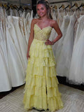 Sunshine Yellow Tiered Lace Corset Bodice Prom Dress With High Slit