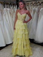 Sunshine Yellow Tiered Lace Corset Bodice Prom Dress With High Slit