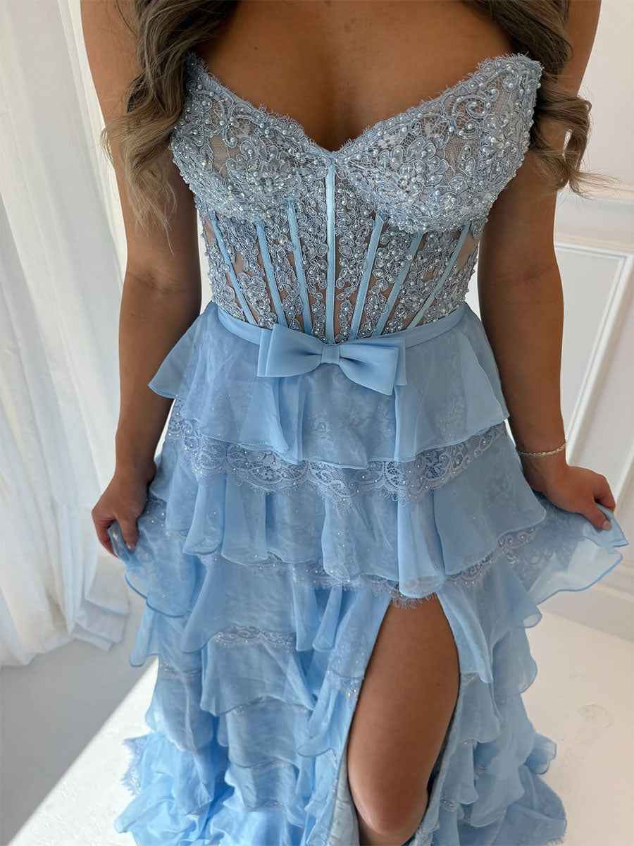 Sunshine Yellow Tiered Lace Corset Bodice Prom Dress With High Slit