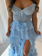 Sunshine Yellow Tiered Lace Corset Bodice Prom Dress With High Slit