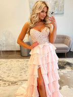 Sunshine Yellow Tiered Lace Corset Bodice Prom Dress With High Slit