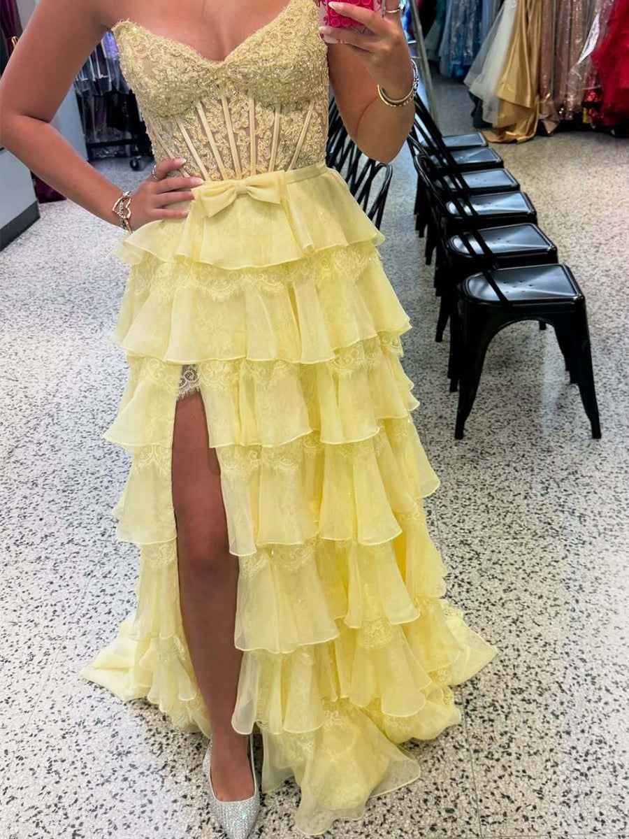 Sunshine Yellow Tiered Lace Corset Bodice Prom Dress With High Slit