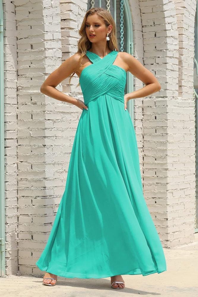 Vestido de Dama de Honra Halter em Chiffon para Mulher, Modelo A-Line, Longo, Formal, para Baile de Finalistas SEA28015