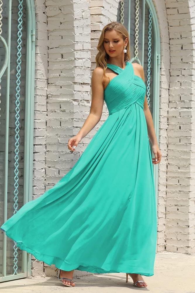 Vestido de Dama de Honra Halter em Chiffon para Mulher, Modelo A-Line, Longo, Formal, para Baile de Finalistas SEA28015