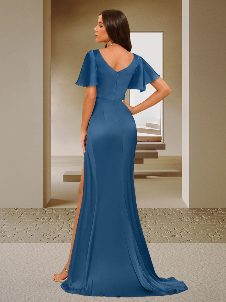 Trumpet Mermaid V Neck Ruched Bridesmaid Dress With Split Side Ruffles