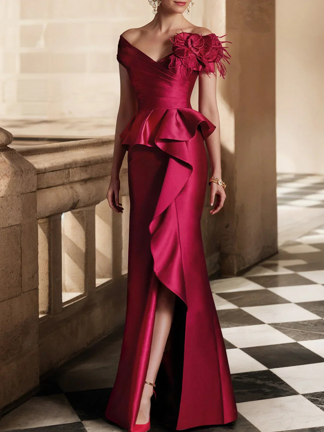 Vestidos de madrina de novia con escote barco estilo trompeta/cola de sirena y abertura lateral