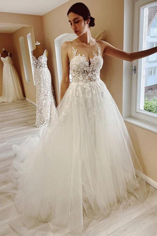 Robe de mariée de plage en tulle à col transparent et coupe trapèze avec appliques en dentelle WD667