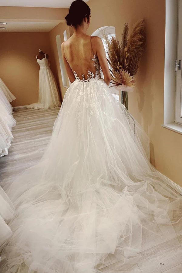 Tulle A-line Sheer Neck Beach Wedding Dress With Lace
