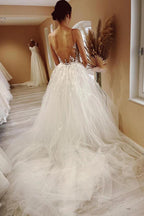 Tulle A-line Sheer Neck Beach Wedding Dress With Lace