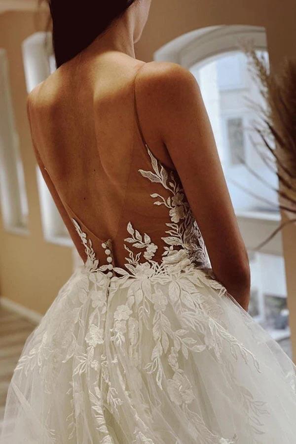 Tulle A-line Sheer Neck Beach Wedding Dress With Lace