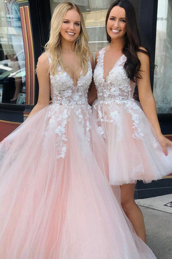 Tulle Lace A-line V-neck See Through Appliqued Short Homecoming Dresses