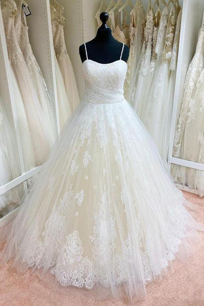 Tüll Spitze Spaghettiträger Applizierte Ballkleid Brautkleider