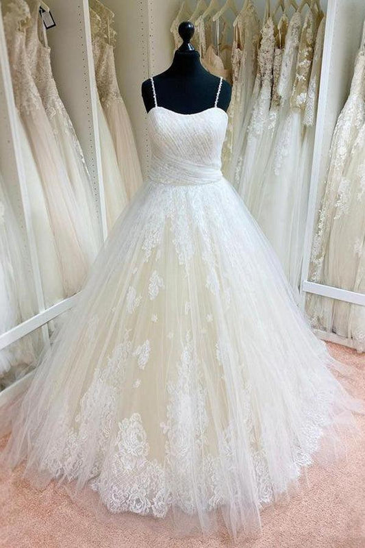 Tüll Spitze Spaghettiträger Applizierte Ballkleid Brautkleider
