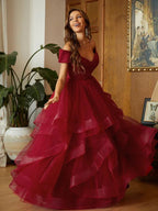 Abiti da cerimonia con balze in tulle e scollo a spalle scoperte SYP141