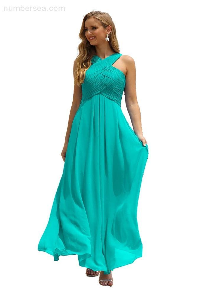 Vestido de Dama de Honra Halter em Chiffon para Mulher, Modelo A-Line, Longo, Formal, para Baile de Finalistas SEA28015