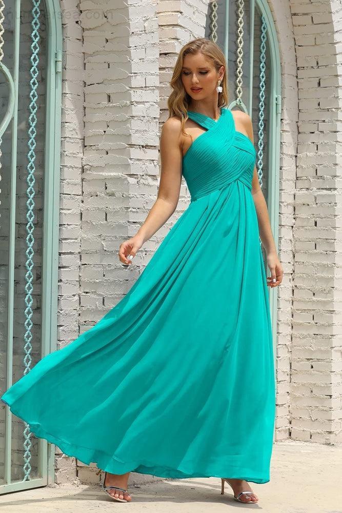 Vestido de Dama de Honra Halter em Chiffon para Mulher, Modelo A-Line, Longo, Formal, para Baile de Finalistas SEA28015
