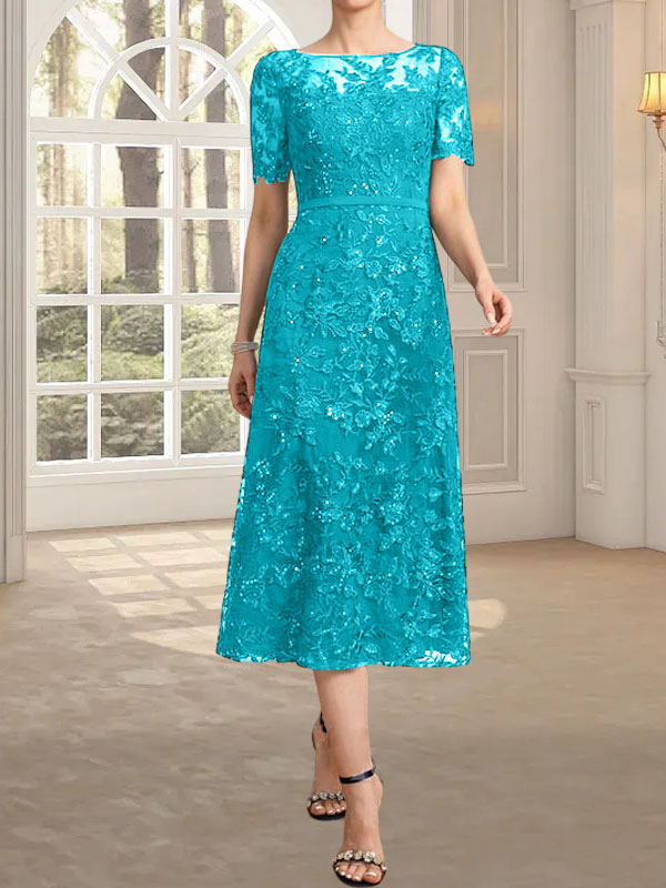 Robe de mère de la mariée en dentelle longueur thé, ligne A, décolleté illusion en forme de cuvette avec paillettes