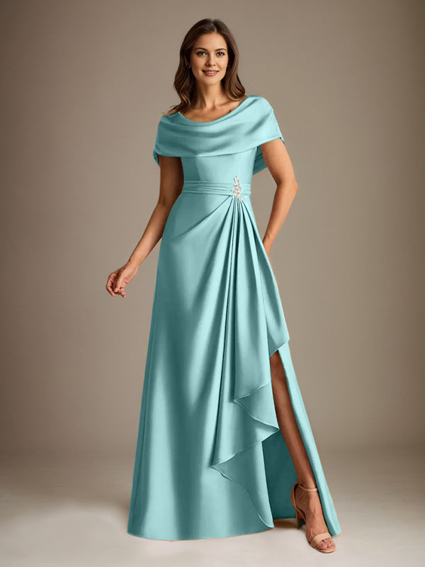 Robe de mère de la mariée en satin extensible, longueur au sol, coupe en A avec encolure dégagée et volants en cascade
