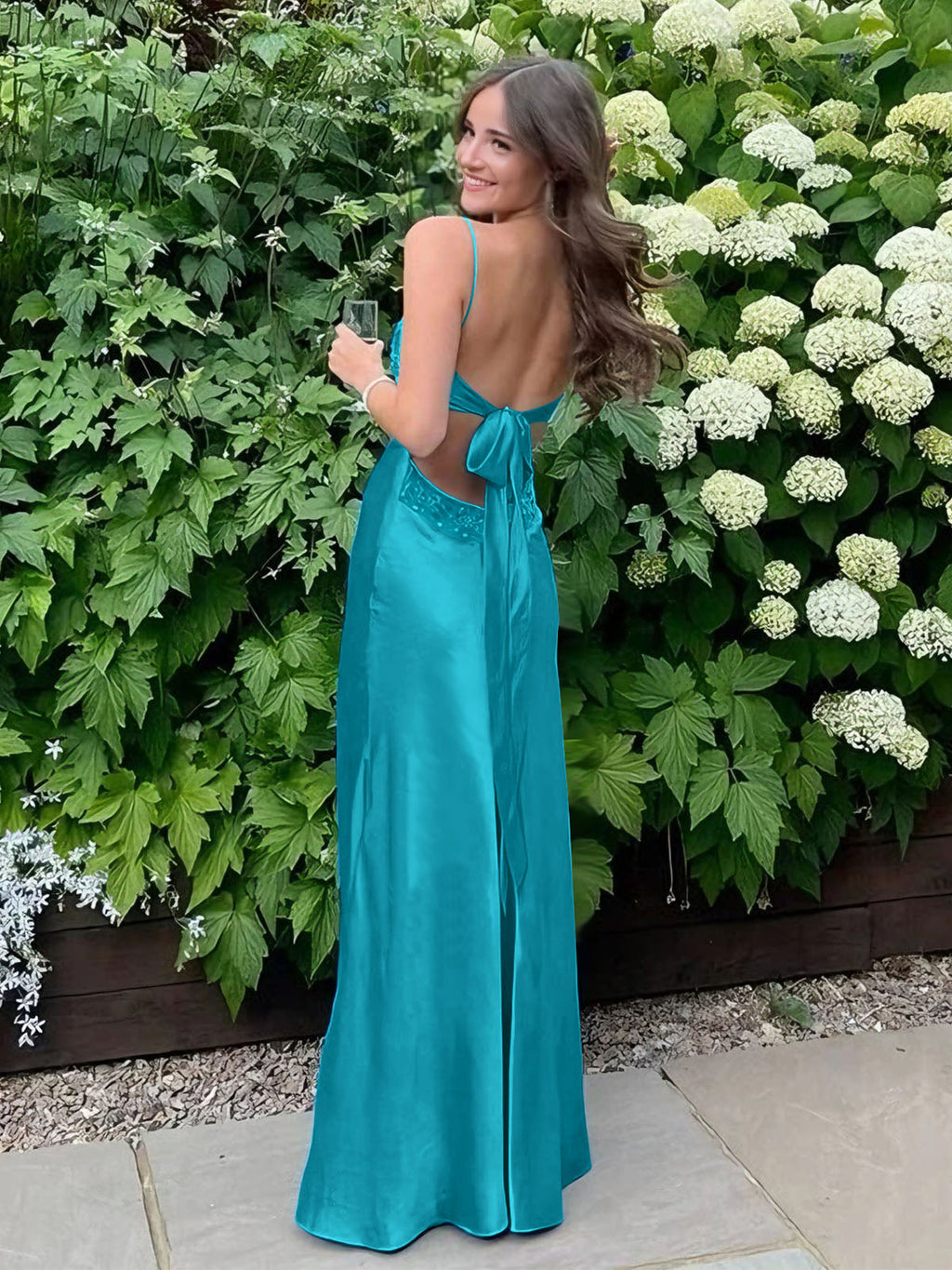Blue A Line V Neck Beaded Back Tie Long Prom Dress