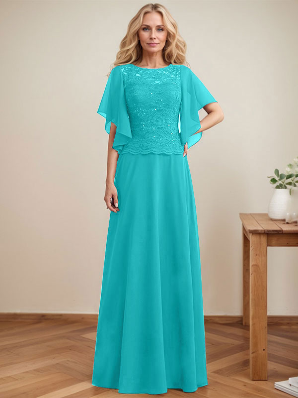 A-Linie, U-Ausschnitt, Illusion, bodenlanges Spitzen-Chiffon-Kleid für die Brautmutter mit Pailletten 