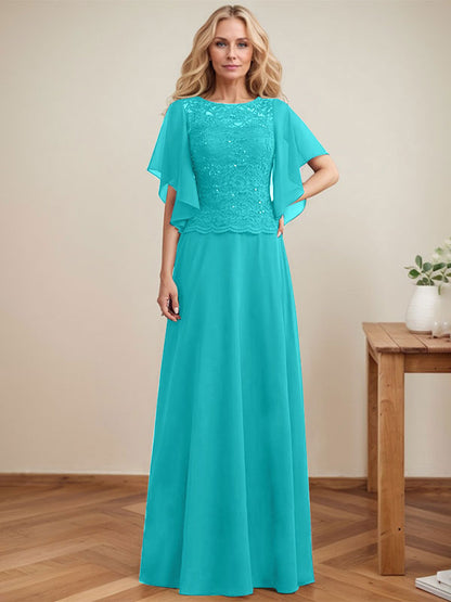 A-Linie, U-Ausschnitt, Illusion, bodenlanges Spitzen-Chiffon-Kleid für die Brautmutter mit Pailletten 