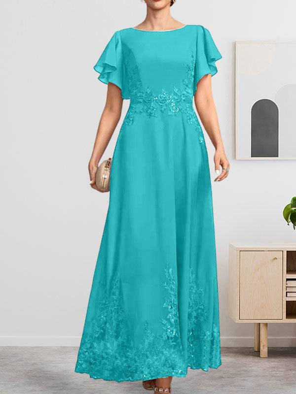 Robe de mère de la mariée en mousseline de soie à dentelle, longueur cheville, en forme trapèze avec décolleté arrondi et paillettes