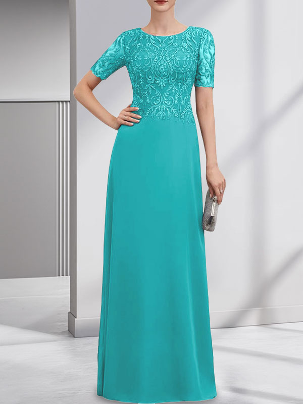 Robe de mère de la mariée en dentelle et mousseline, longueur au sol, en ligne A, décolleté en U, ornée de paillettes